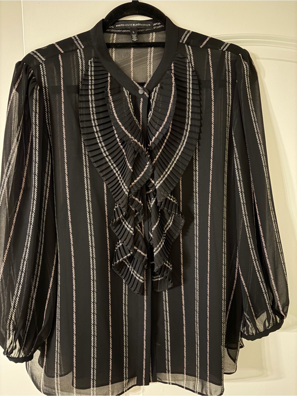 White House Black Market Black Sheer Striped Ruffle Front Blouse